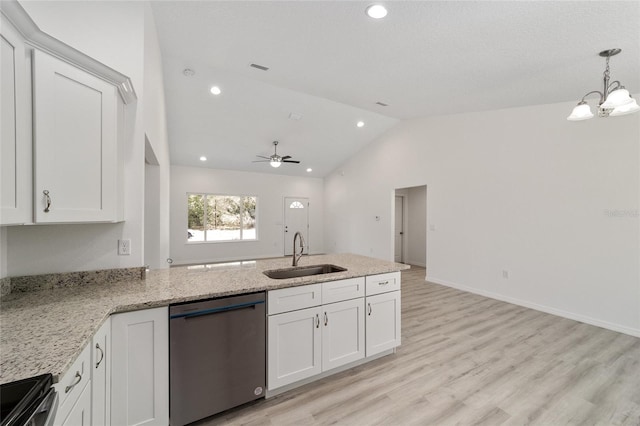 kitchen featuring white cabinetry, dishwasher, ceiling fan with notable chandelier, light hardwood / wood-style floors, and sink