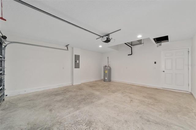 garage featuring electric panel, gas water heater, and a garage door opener