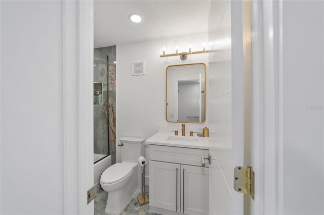 full bathroom featuring combined bath / shower with glass door, tile patterned floors, toilet, and vanity