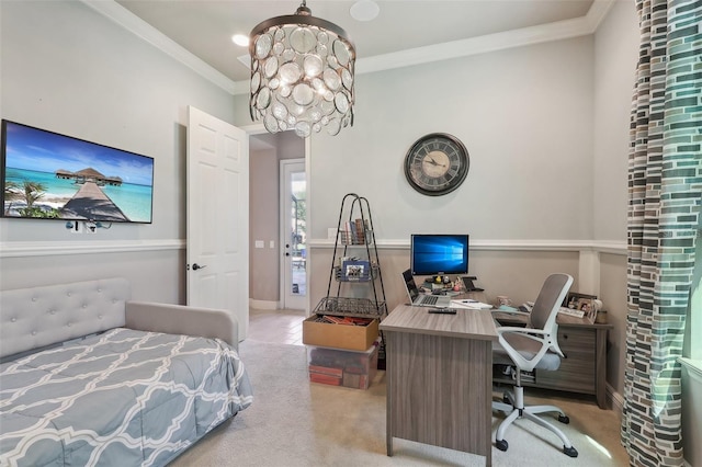 carpeted bedroom featuring ornamental molding and a notable chandelier