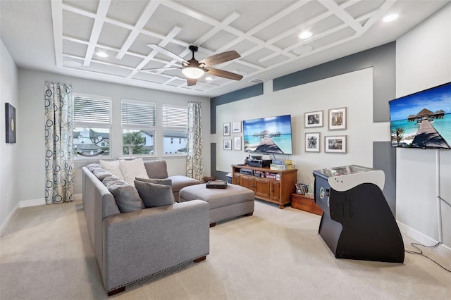 carpeted living room featuring coffered ceiling and ceiling fan