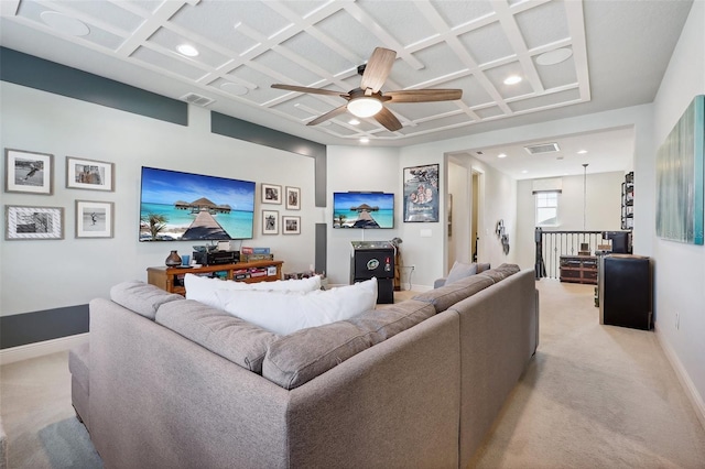 carpeted living room featuring coffered ceiling and ceiling fan