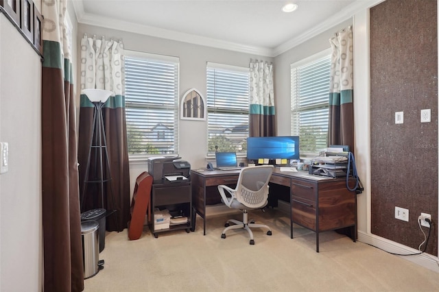 office space featuring light colored carpet and crown molding