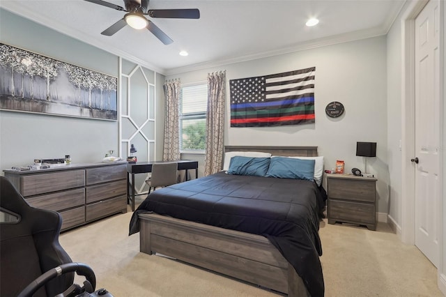 bedroom featuring ceiling fan, light carpet, and ornamental molding