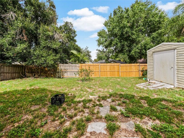 view of yard featuring a storage shed