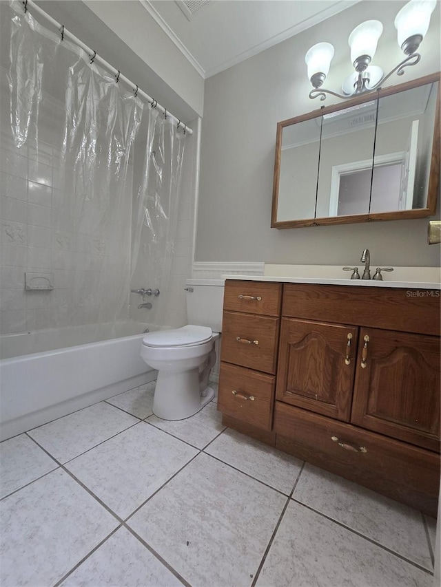 full bathroom with toilet, ornamental molding, vanity, shower / bath combination with curtain, and tile patterned flooring