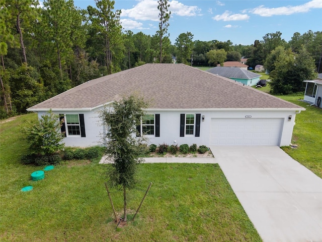 781 Marion Oaks Trl, Ocala, FL 34473 - single story home with driveway, an attached garage, a shingled roof, a front yard, and stucco siding