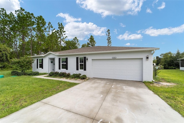 single story home with a front yard and a garage