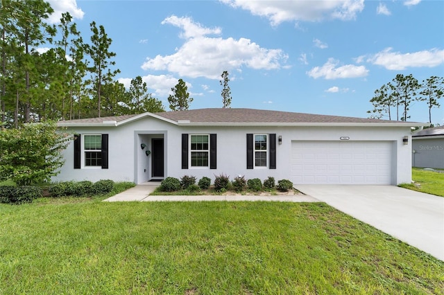 single story home featuring a front lawn and a garage