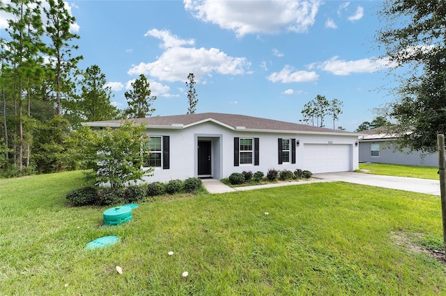 ranch-style home featuring a front yard and a garage