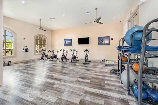 workout area featuring wood-type flooring and ceiling fan