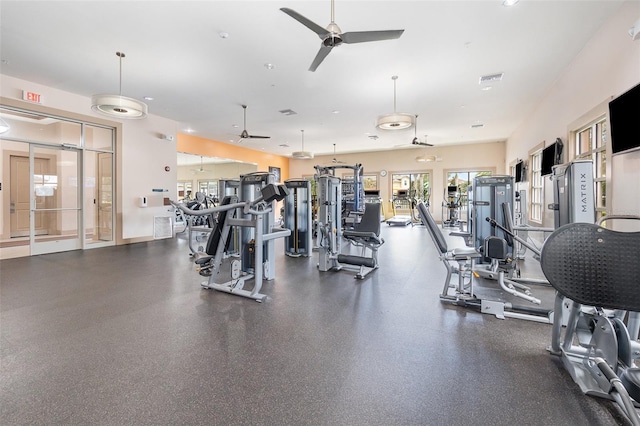 gym featuring ceiling fan