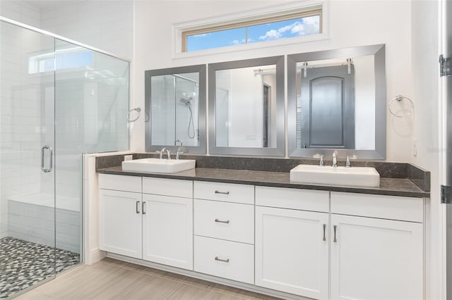 bathroom featuring vanity and a shower with door