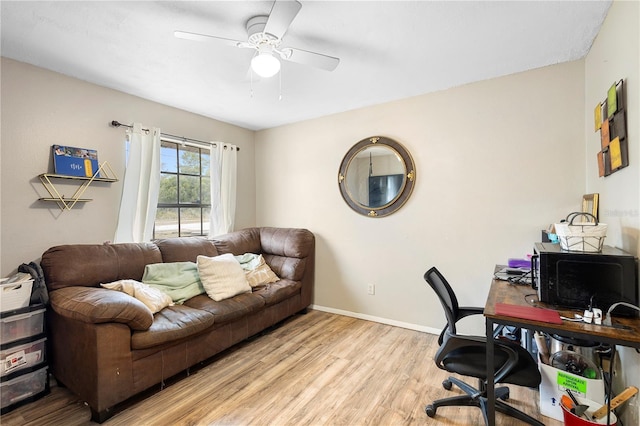 office space with ceiling fan and light hardwood / wood-style floors