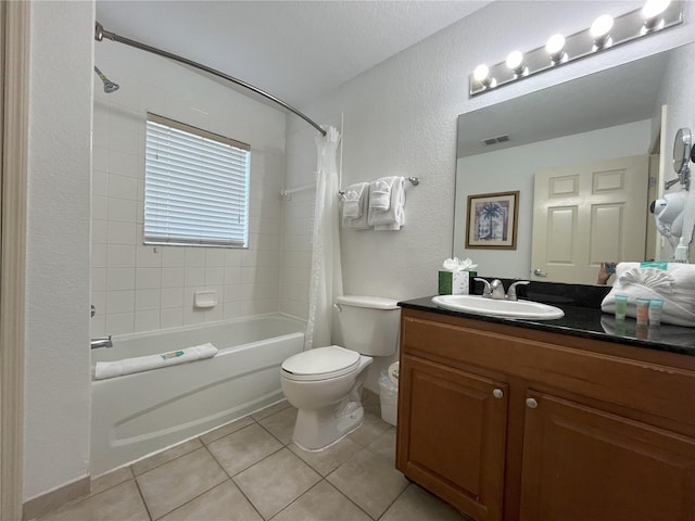 full bath featuring visible vents, shower / bathtub combination with curtain, toilet, vanity, and tile patterned flooring