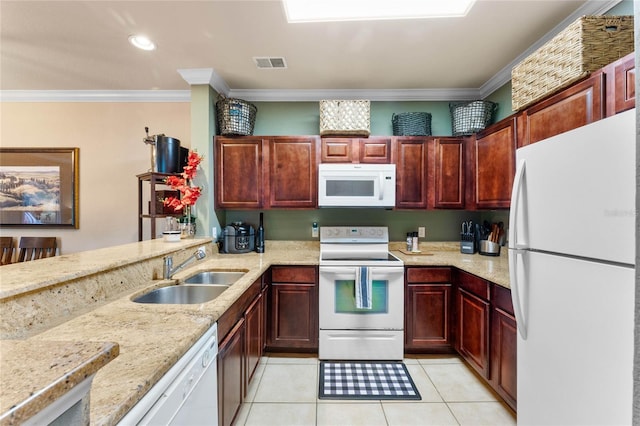 kitchen with light tile patterned flooring, white appliances, ornamental molding, sink, and light stone counters