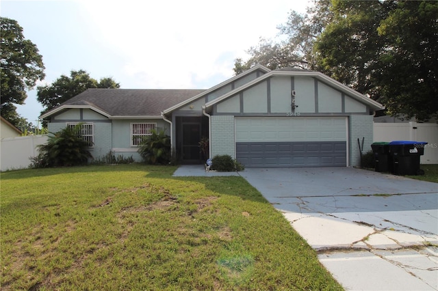 ranch-style home with a front lawn and a garage