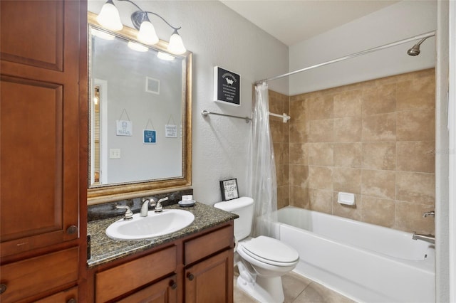 bathroom featuring shower / tub combo, visible vents, toilet, tile patterned flooring, and vanity