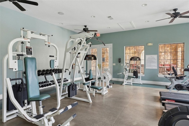 exercise room featuring attic access, recessed lighting, visible vents, and baseboards