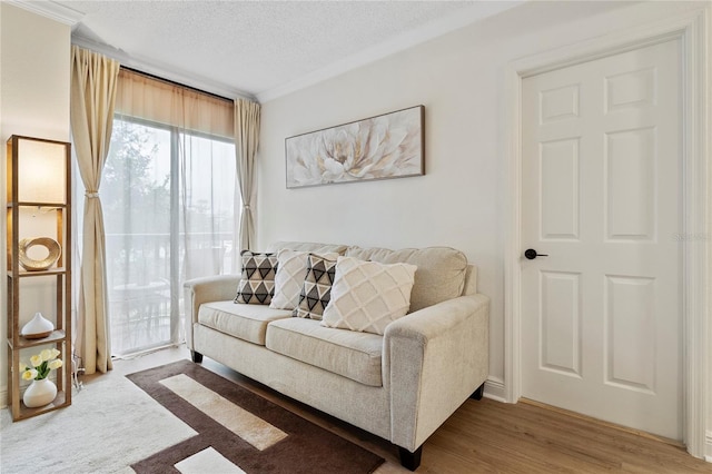 living room with a textured ceiling, crown molding, and light wood-type flooring