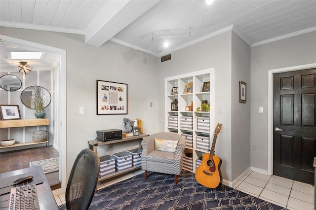 tiled office featuring beamed ceiling and ornamental molding