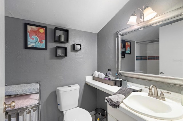 bathroom with vanity, vaulted ceiling, and toilet