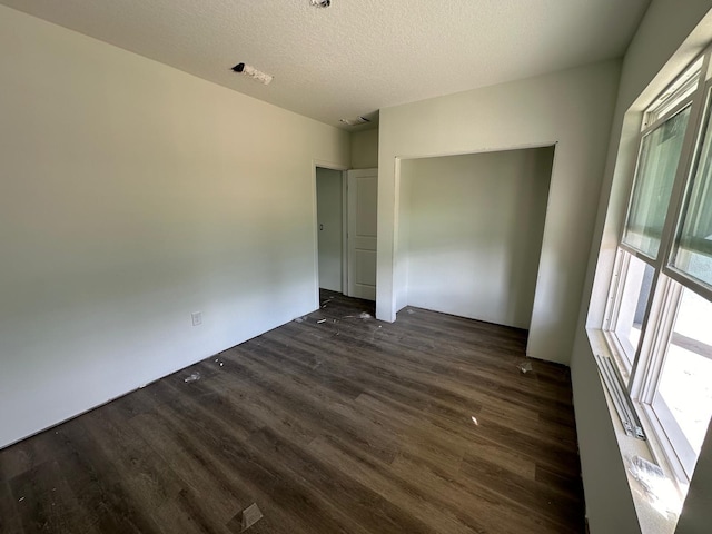 spare room featuring a textured ceiling, dark hardwood / wood-style floors, and a healthy amount of sunlight