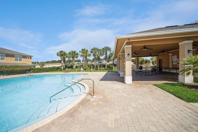 view of swimming pool with a patio area and ceiling fan