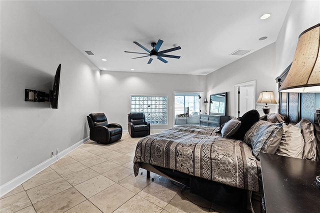 tiled bedroom with ceiling fan