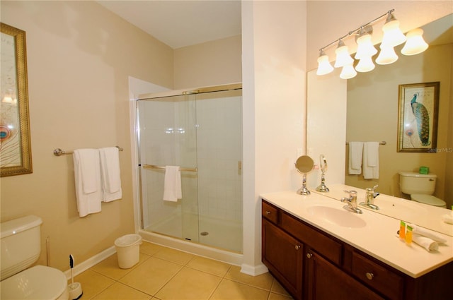 bathroom featuring tile patterned flooring, vanity, toilet, and a shower with door