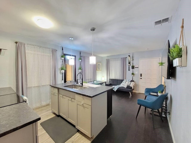 kitchen with pendant lighting, sink, a kitchen island with sink, and light wood-type flooring