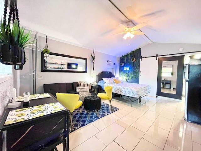 bedroom featuring stainless steel fridge, ceiling fan, vaulted ceiling with beams, tile patterned floors, and a barn door