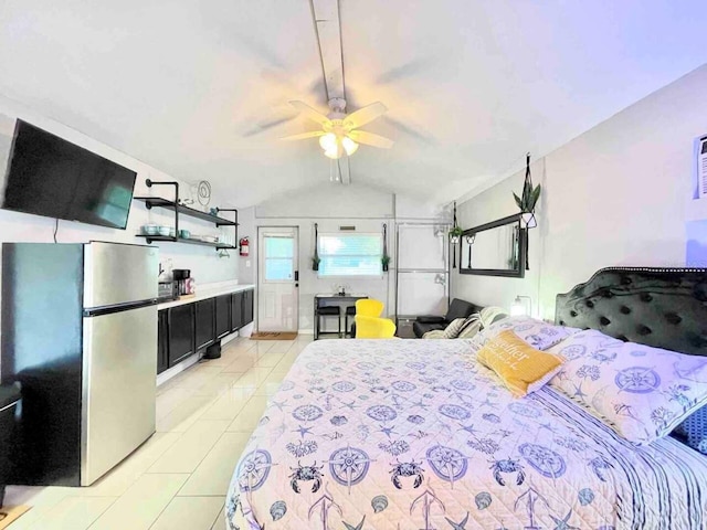 tiled bedroom featuring lofted ceiling, stainless steel fridge, and ceiling fan