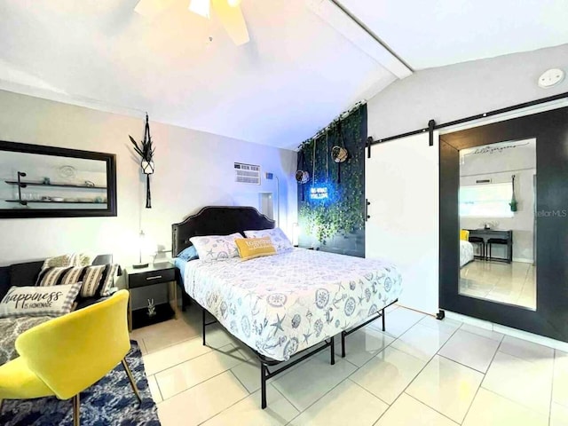 bedroom featuring light tile patterned floors, lofted ceiling with beams, and a barn door