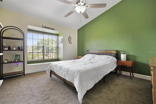 bedroom with ceiling fan, lofted ceiling, and carpet floors