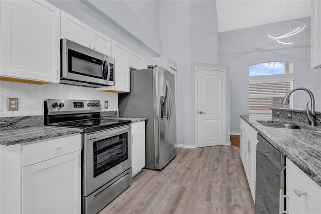 kitchen featuring stainless steel appliances, light hardwood / wood-style floors, white cabinetry, backsplash, and sink