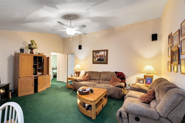 carpeted living room featuring ceiling fan, vaulted ceiling, and a textured ceiling