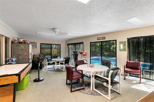 interior space featuring a textured ceiling, plenty of natural light, and ceiling fan