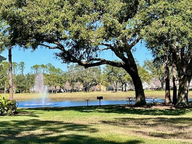 view of home's community featuring a lawn and a water view