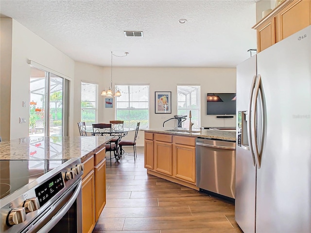 kitchen featuring wood-type flooring, stainless steel appliances, a healthy amount of sunlight, and a notable chandelier