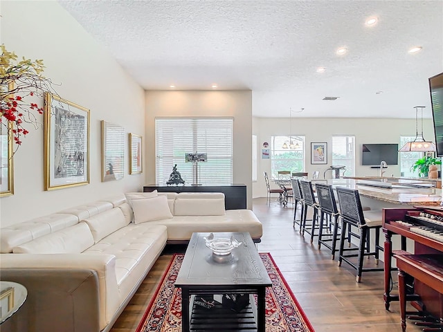 living room featuring a textured ceiling and hardwood / wood-style floors