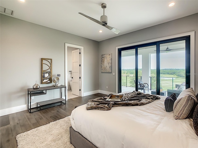 bedroom featuring ceiling fan, access to outside, wood-type flooring, and ensuite bathroom