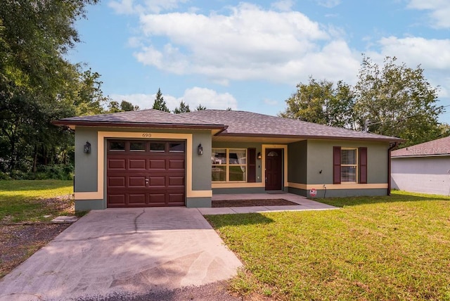 ranch-style home featuring a front lawn and a garage