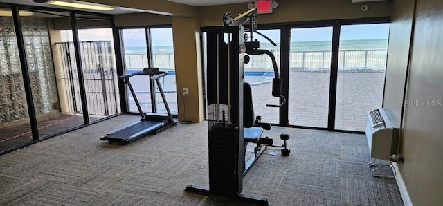 interior space with a water view and carpet floors