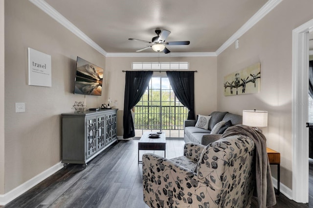 living room with ceiling fan, dark hardwood / wood-style floors, and ornamental molding