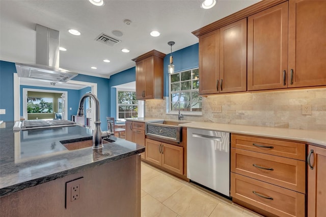 279 Rippling Ln, Winter Park, FL 32789 - kitchen featuring dishwasher, a sink, wall chimney exhaust hood, backsplash, and recessed lighting