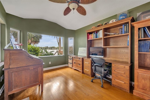 279 Rippling Ln, Winter Park, FL 32789 - office with lofted ceiling, ceiling fan, light wood-type flooring, and baseboards