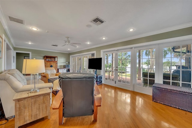 279 Rippling Ln, Winter Park, FL 32789 - living area featuring ceiling fan, recessed lighting, light wood finished floors, crown molding, and french doors