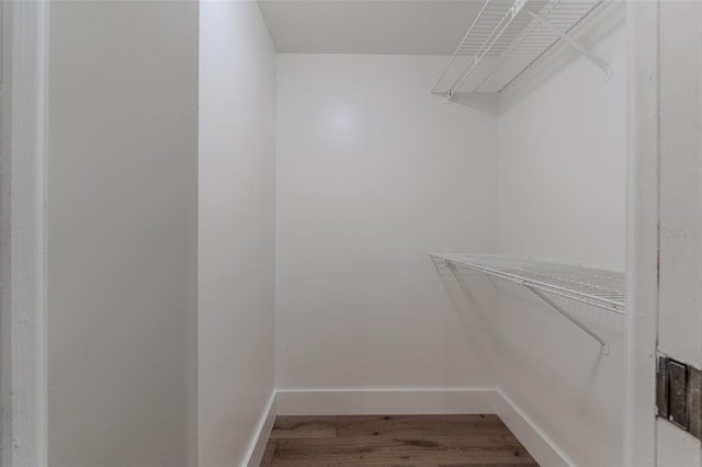 walk in closet with wood finished floors