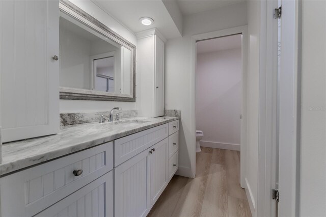 bathroom with toilet, vanity, and wood-type flooring